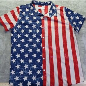 ARVIL HILL Men's American Flag Shirt Short Sleeve Button Up XL Polyester Spandex